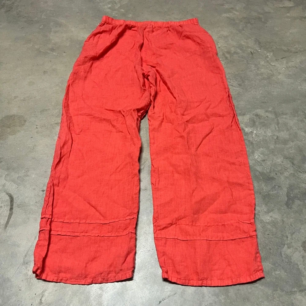 Bryn Walker Womens Medium Coral Red 100% Linen Wide Leg Elastic Waist Pants USA